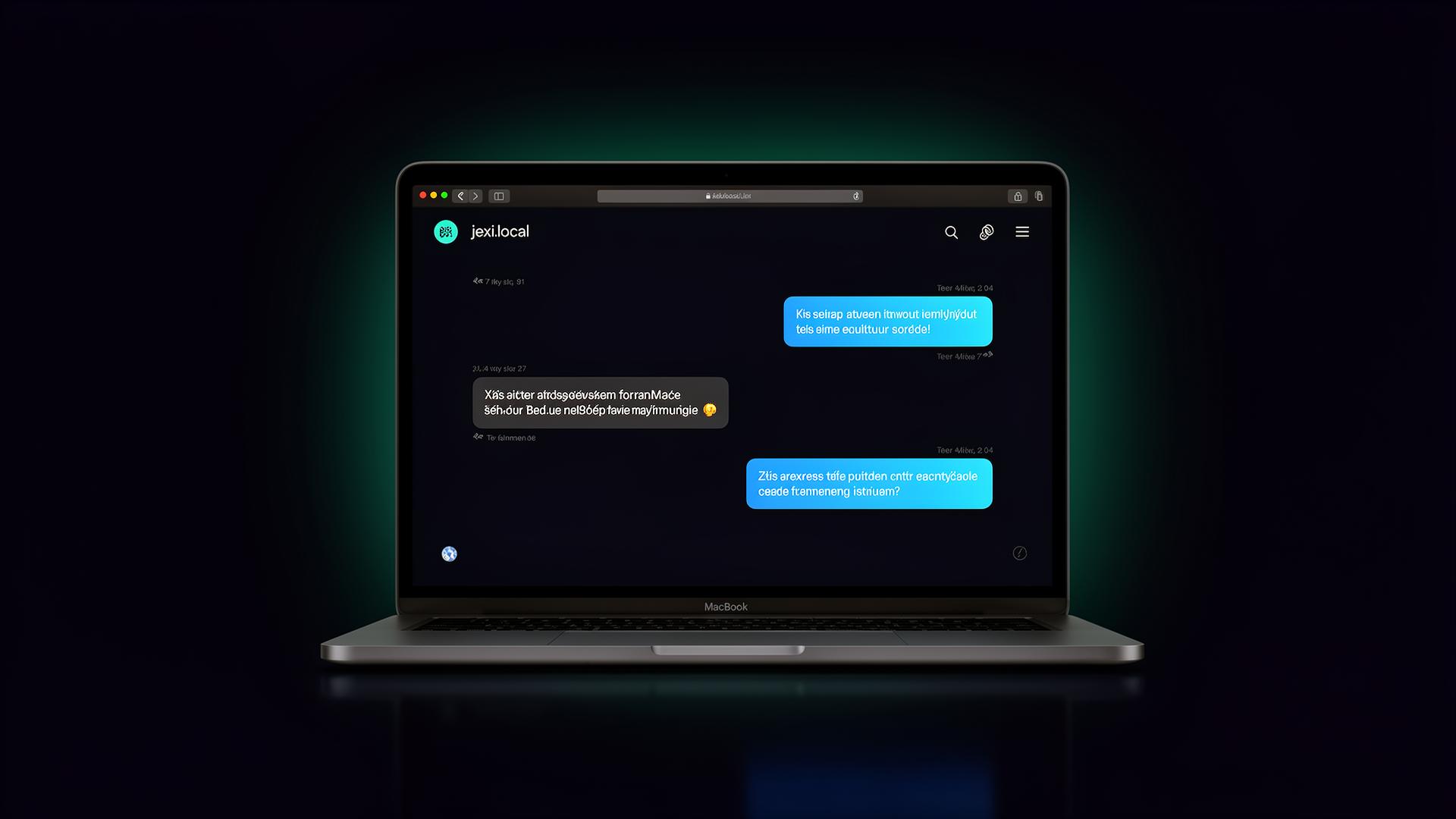 The JEXI chat open in a browser at jexi.local on a laptop